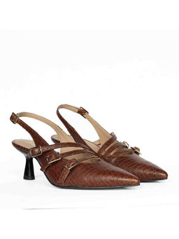 Saint G - Women Buckle Straps Brown Croc Embossed Leather Heels