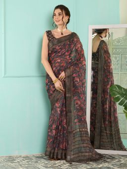 Sareemall - Women Linen Navy Blue Digital Print Designer Saree with Unstitched Blouse