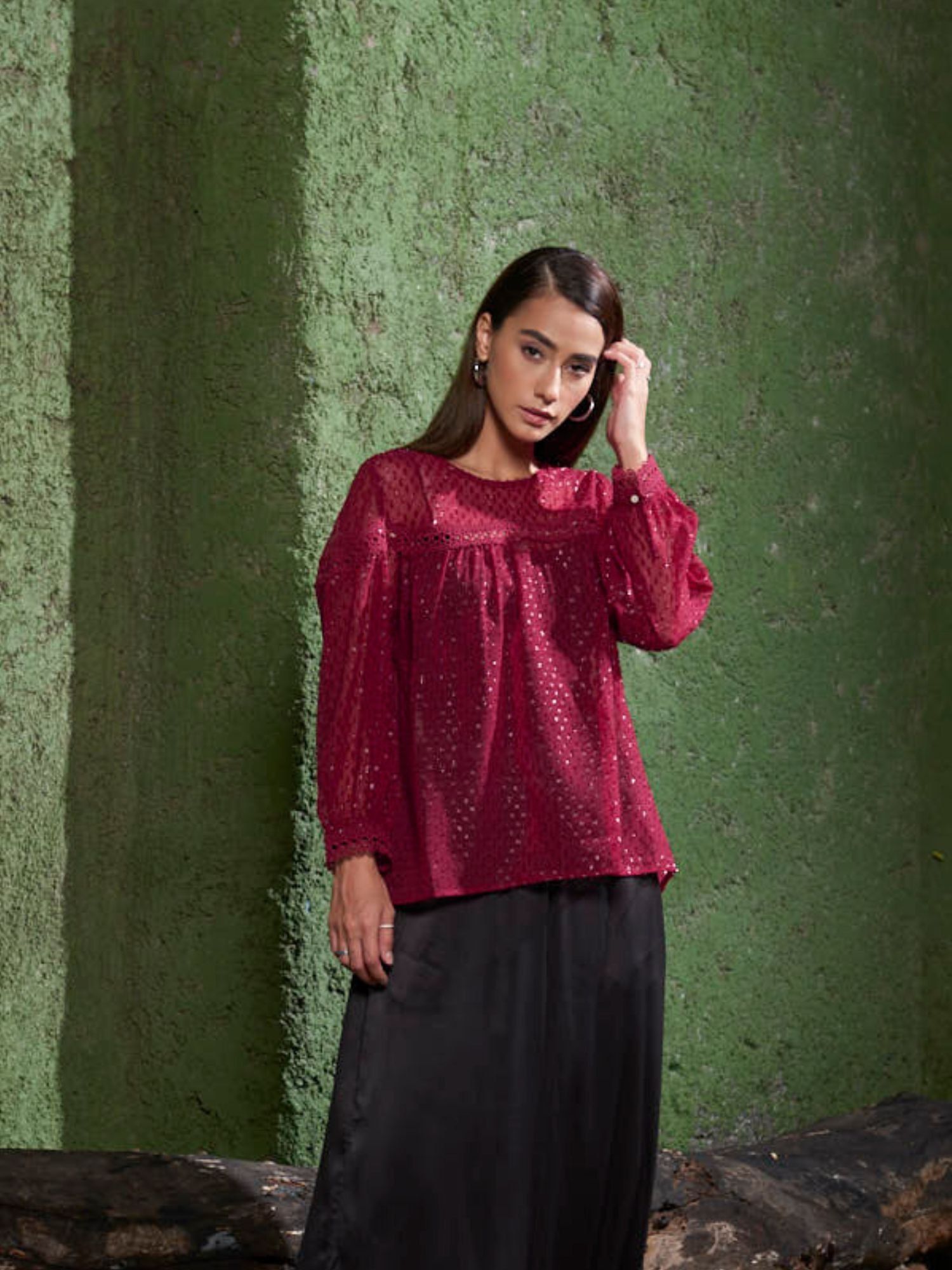 Buy Style Island Embellished Pattern Maroon Shimmer Blouse Online