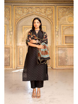 ASRUMO - Black Embellished Work Chanderi Straight Kurta with Pant and Dupatta (Set of 3)