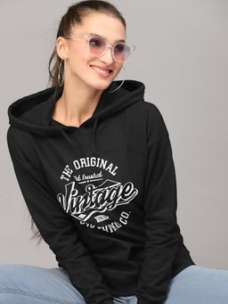 Style Quotient - Women Black Printed Hooded Sweatshirt