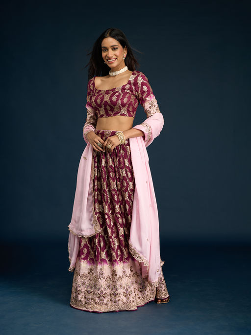 Gajra Gang Maroon Banarasi Brocade Semi-Stitched Lehenga, Unstitched Blouse & Dupatta Diwalicious