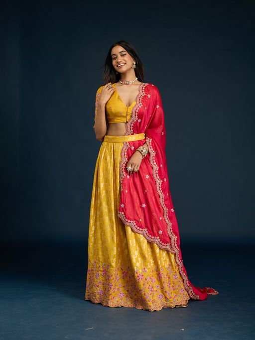 Gajra Gang Yellow Banarasi Brocade Semi-Stitched Lehenga, Unstitched Blouse & Dupatta Diwalicious