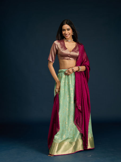 Gajra Gang Pista Green Banarasi Brocade Semi-Stitched Lehenga, Unstitched Blouse & Dupatta Diwalicious