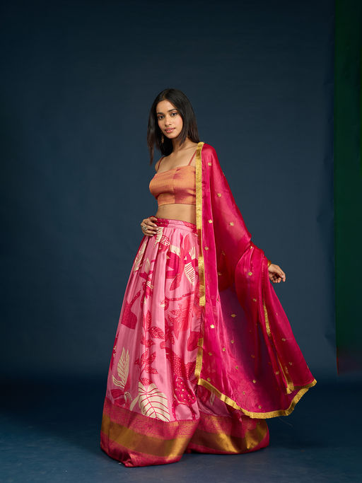 Gajra Gang Pink Tissue Brocade Semi-Stitched Lehenga, Unstitched Blouse & Dupatta Diwalicious