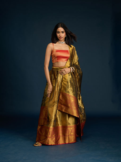 Gajra Gang Olive Tissue Semi-Stitched Lehenga, Unstitched Blouse & Dupatta Diwalicious