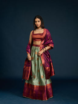 Gajra Gang - Pista Green Tissue Brocade Semi-Stitched Lehenga, Unstitched Blouse & Dupatta Diwalicious