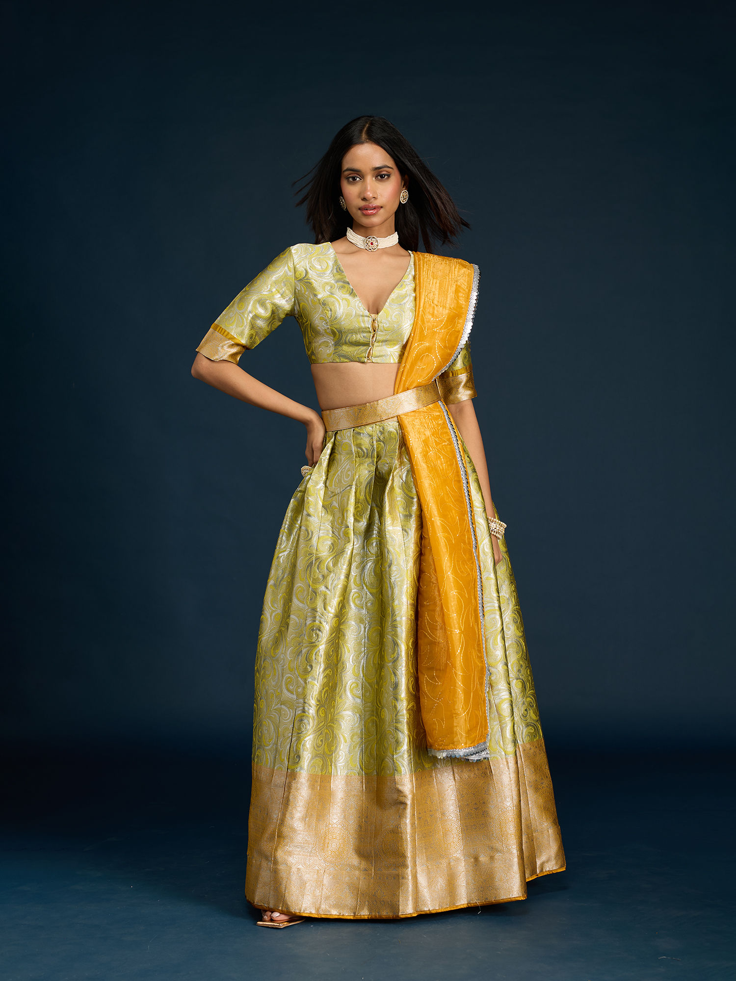 gajra gang Lime Green Tissue Brocade Semi-Stitched Lehenga, Unstitched Blouse & Dupatta Diwalicious-picture-18