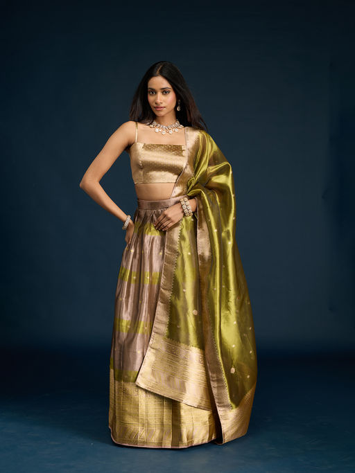 Gajra Gang Gold Tissue Brocade Semi-Stitched Lehenga, Unstitched Blouse & Dupatta Diwalicious