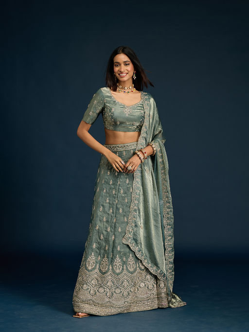Gajra Gang Green Tissue Embroidered Semi-Stitched Lehenga, Unstitched Blouse & Dupatta Diwalicious