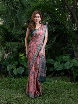 Beatitude - Pink Blue Satin Saree with Unstitched Blouse