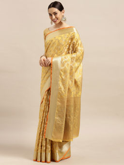 Sareemall - Womens Silk Blend Yellow Woven Design Saree with Unstitched Blouse