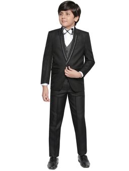 Jeetethnics - Boys Black Coat Suit With Waistcoat Shirt And Trousers (Set of 5)