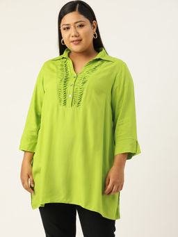 theRebelinme - Plus Size Womens Green Solid Colour Shirt Collar Tunic Top