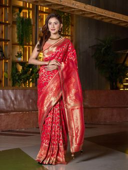 Beatitude - Red Gold-Toned Ethnic Motifs Silk Blend Saree with Unstitched Blouse