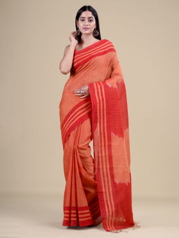 LAA CALCUTTA - Beige & Red Cotton Handloom Saree with Unstitched Blouse