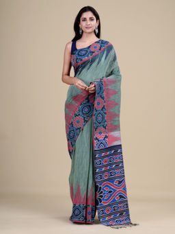 LAA CALCUTTA - Green & Grey Cotton Handloom Saree with Unstitched Blouse
