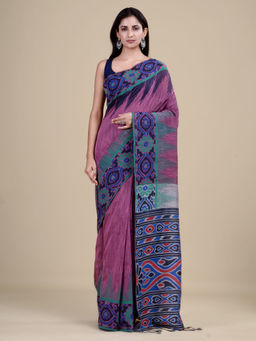 LAA CALCUTTA - Pink & Grey Cotton Handloom Saree with Unstitched Blouse