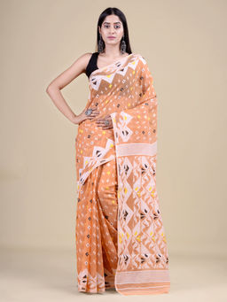 LAA CALCUTTA - Orange & White Cotton Jamdani Saree
