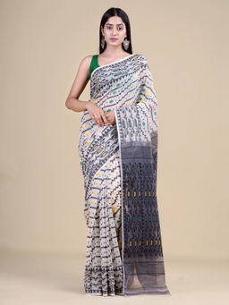 LAA CALCUTTA - White & Black Cotton Jamdani Saree