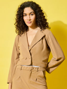 Buynewtrend - Beige Stylish Solid Polyester Women's Cropped Blazer