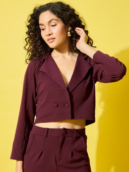 Buynewtrend - Burgundy Stylish Solid Polyester Women's Cropped Blazer