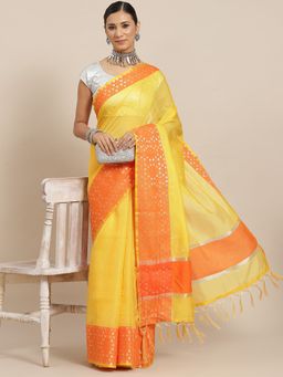 ISHIN - Womens Poly Cotton Yellow Woven Kota Saree with Unstitched Blouse