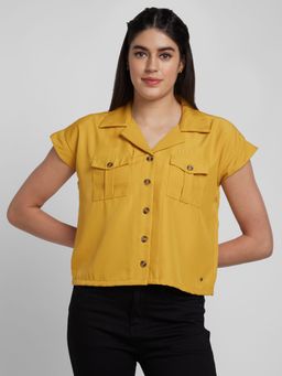 Spykar - Women Ochre Yellow Cotton Slim Fit Cap Sleeve Denim Shirt