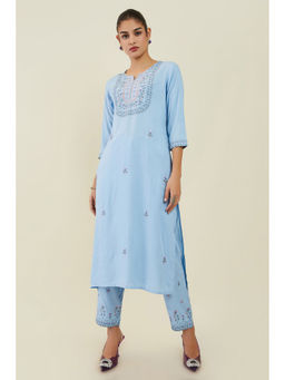 Soch - Womens Powder Blue Rayon Kurta with Floral Embroidery (Set of 2)