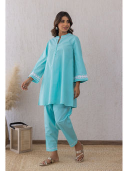 Tara-C-Tara - Women Blue Solid Mandarin Neck Co-Ord Set