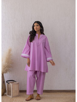 Tara-C-Tara - Women Purple Solid Mandarin Neck Kurta with Pant