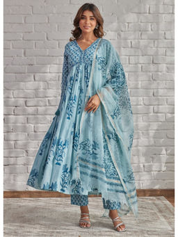Tara-C-Tara - Blue Floral Printed Cotton Kurta with Pant and Dupatta