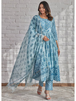 Tara-C-Tara - Blue Hand Block Printed Cotton Anarkali with Doriya Dupatta and Pant