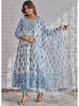 Tara-C-Tara - White Hand Block Printed Anarkali and Pant with Dupatta
