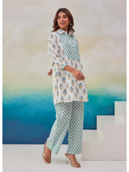 Tara-C-Tara - White Blue Hand Block Printed Kurta and Pant