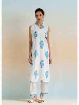 Tara-C-Tara - White Hand Block Printed Kurta with Pants