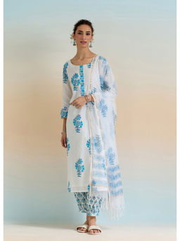 Tara-C-Tara - White Hand Block Printed Kurta with Pants and Dupatta