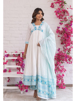 Tara-C-Tara - Hand Block Khaddi Printed White Anarkali with Pant and Dupatta