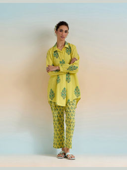 Tara-C-Tara - Floral Hand Block Printed Yellow Kurta with Pant