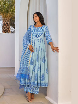 Tara-C-Tara - Blue Hand Block Printed Anarkali Kurta with Palazzo and Dupatta