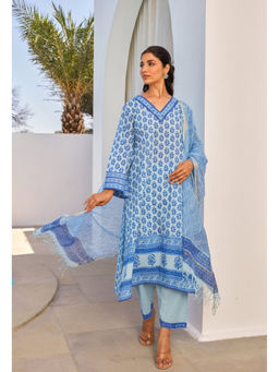Tara-C-Tara - Women Blue Cotton Hand Block Printed Anarkali with Palazzos and Dupatta