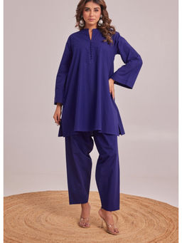 Tara-C-Tara - Blue Solid Mandarin Collar Co-Ord Set