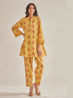 Tara-C-Tara - Mustard Floral Buti Hand Block Printed Kurta with Pant Coord Set