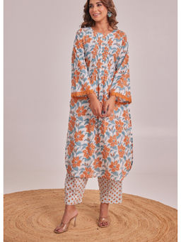Tara-C-Tara - Floral Hand Block Printed Orange Kurta