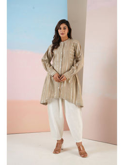 Tara-C-Tara - Cotton Lurex Asymmetric Beige Kurta