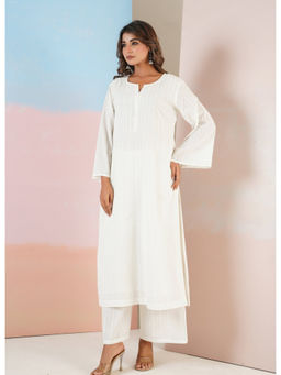 Tara-C-Tara - White Cotton Self Stripped Kurta with Palazzo Co-Ord Set