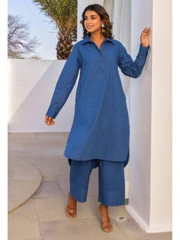 Tara-C-Tara - Blue Cotton Slub Solid Kurta with Palazzos Set