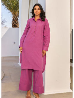 Tara-C-Tara - Lavender Cotton Slub Solid Kurta with Palazzo Coord Set