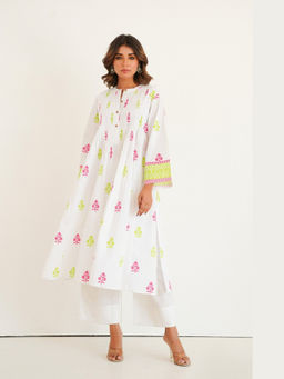 Tara-C-Tara - Cotton Slub Buti Print White Kurta with Palazzo