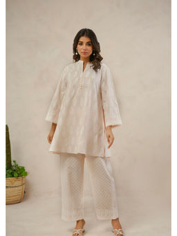 Tara-C-Tara - Pastel Peach White Khari Hand Block Printed Co-Ord Set